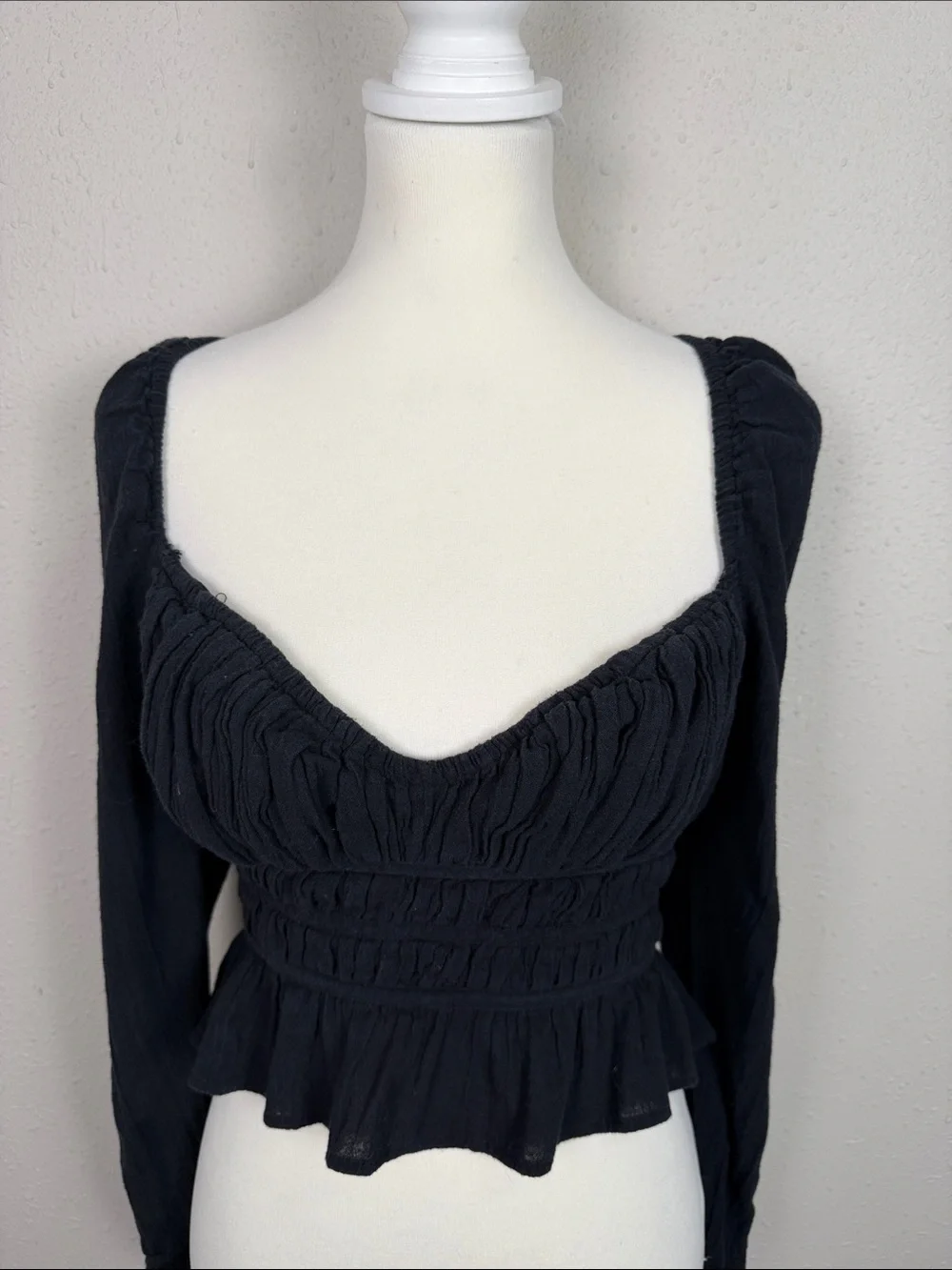 Free People Black Smocked Peplum Top Long Sleeve Cotton Gauze Boho Blouse XS-S